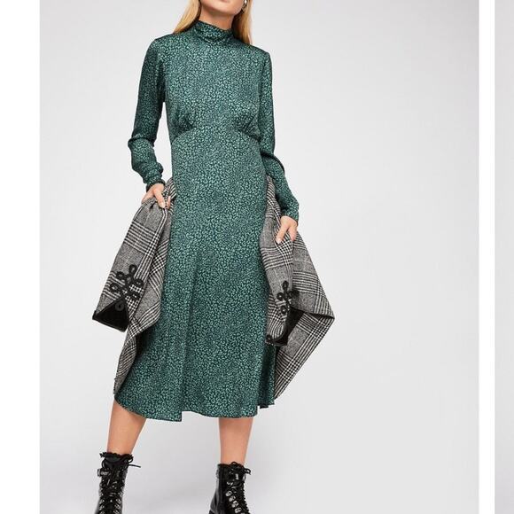 Free People Loveless Printed Green Satin Backless A Line Midi Dress Size 2 - Picture 4 of 14